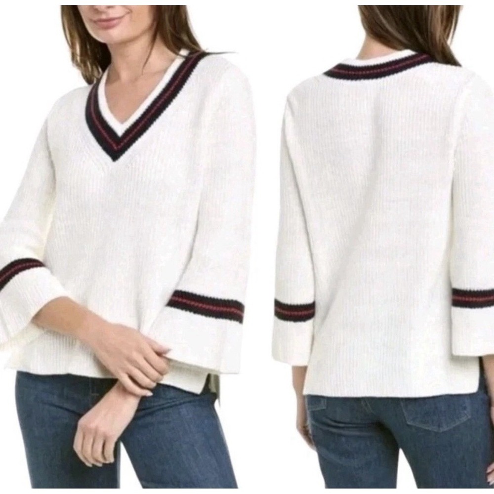 Cabi Ace White Blue Nautical Tennis V-neck Pullover Bell Sleeve Sweater‎ Medium